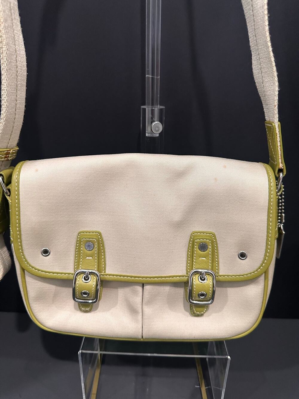 Vintage Coach 6735 Field Messenger Crossbody Bag Tan Canvas Green Leather Y2K